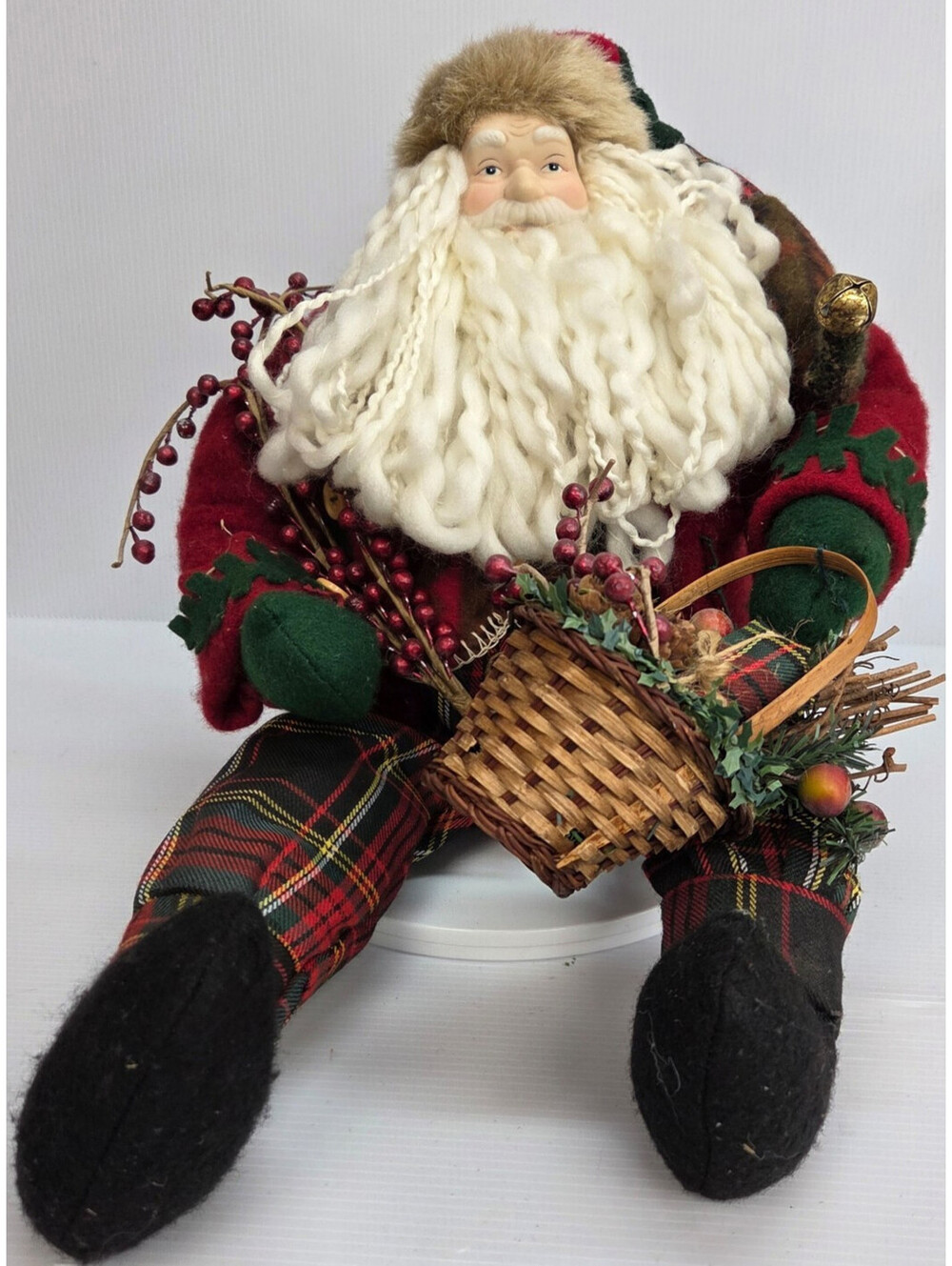 Vintage Christmas Santa Claus Shelf Sitter Doll Plaid Outfit Basket Rustic Decor